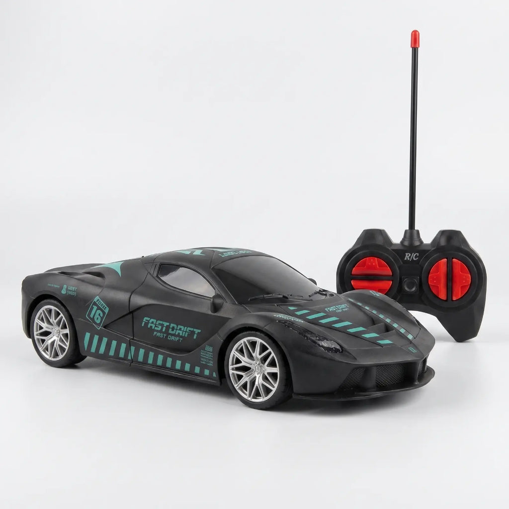 RC Racing Sports Car — black remote control toy with teal stripes and 'FAST DRIFT' text, shown with matching remote control.