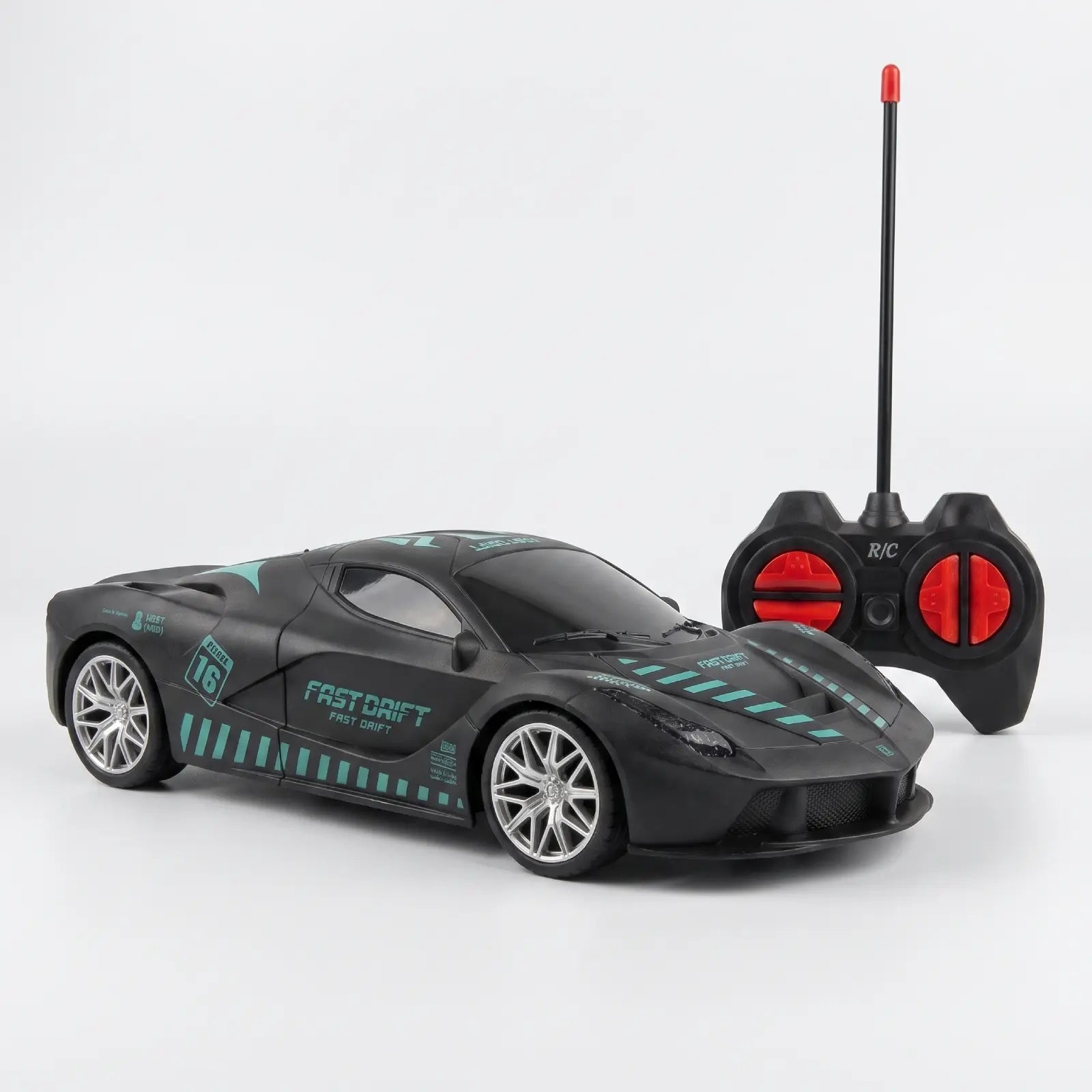 RC Racing Sports Car — black remote control toy with teal stripes and 'FAST DRIFT' text, shown with matching remote control.