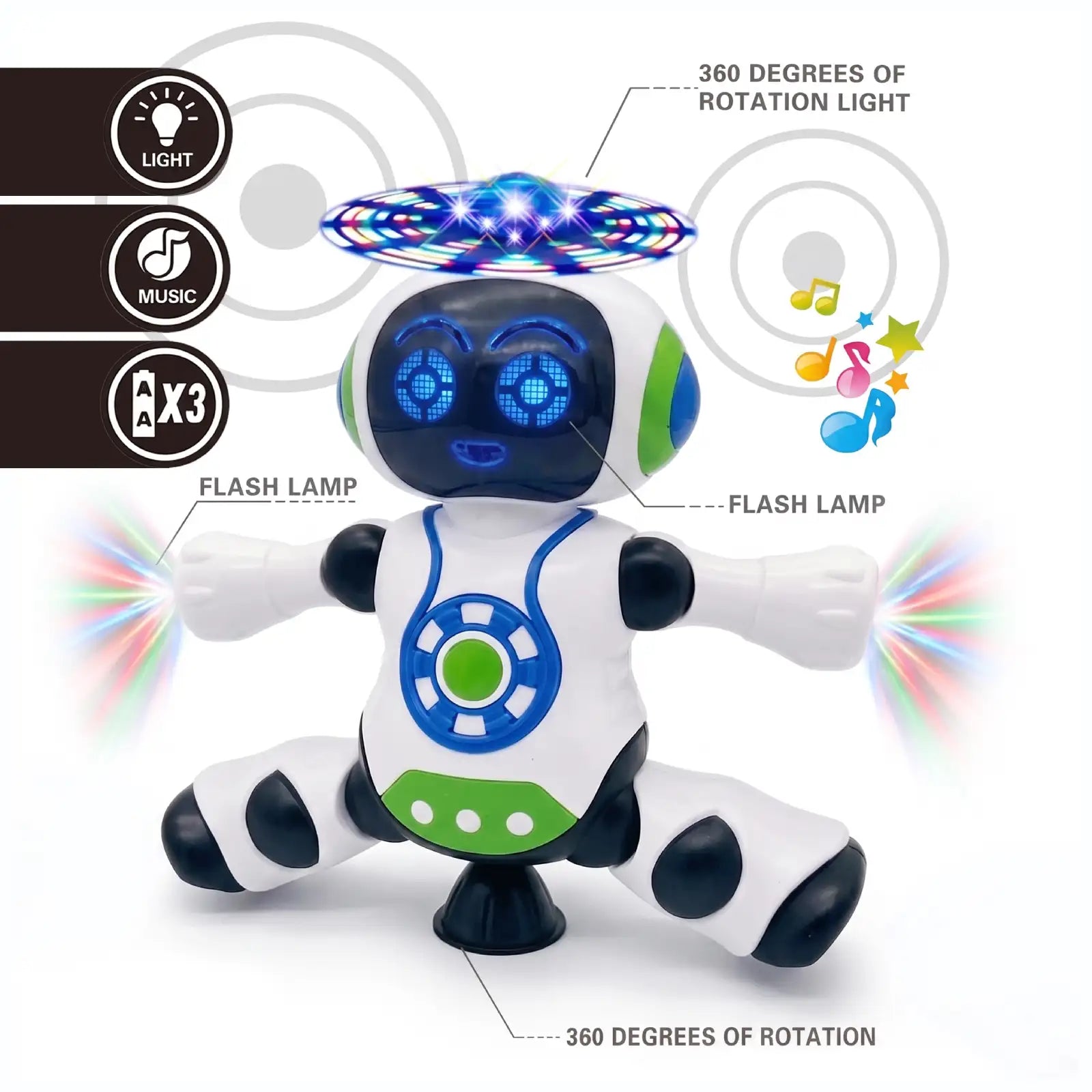 Toddler playing with musical dancing robot - A white, blue, and green dancing robot toy with colorful LED lights, shown on a white background with feature callouts and icons for light, music, and 3 flash lamps.