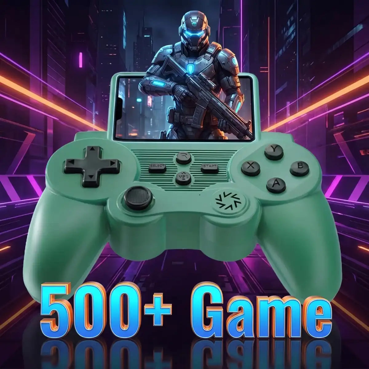 A mint green game controller with a built-in screen displaying a futuristic soldier, set against a neon purple and blue cyberpunk city background. Large text at the bottom reads '500+ Game'.