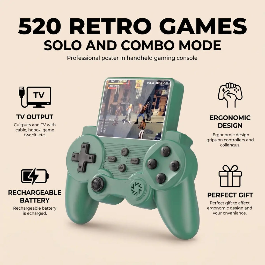 A mint green retro-style handheld gaming controller shown on a beige promotional background with text highlighting 520 retro games, solo and combo mode, TV output, ergonomic design, rechargeable battery, and perfect gift presentation.