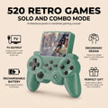 A mint green retro-style handheld gaming controller shown on a beige promotional background with text highlighting 520 retro games, solo and combo mode, TV output, ergonomic design, rechargeable battery, and perfect gift presentation.