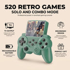 A mint green retro-style handheld gaming controller shown on a beige promotional background with text highlighting 520 retro games, solo and combo mode, TV output, ergonomic design, rechargeable battery, and perfect gift presentation.