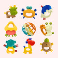 Set of colorful baby 9-piece rattle set toys on a white background