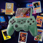 A retro-style sage green game controller with a small built-in screen, shown in a neon-lit arcade setting with vintage game cartridge covers floating around it, including The Legend of Zelda, Metroid, Pac-Man, Donkey Kong, and Castlemania.