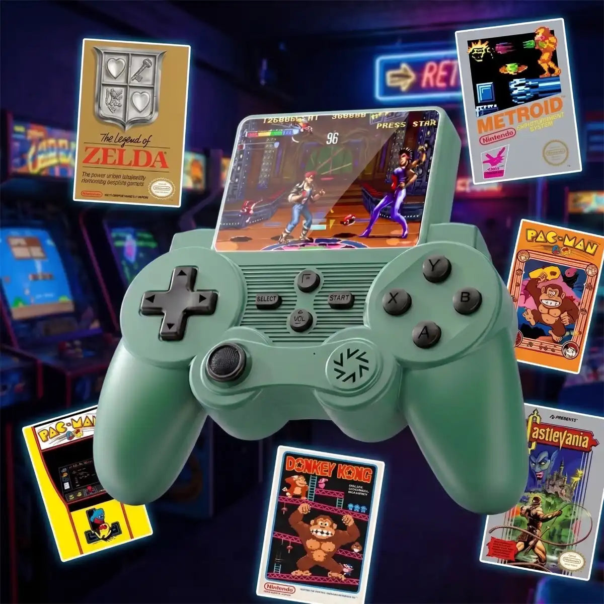 A retro-style sage green game controller with a small built-in screen, shown in a neon-lit arcade setting with vintage game cartridge covers floating around it, including The Legend of Zelda, Metroid, Pac-Man, Donkey Kong, and Castlemania.