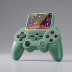 A mint green game controller with a built-in display screen on the back, shown on a neutral gray background.