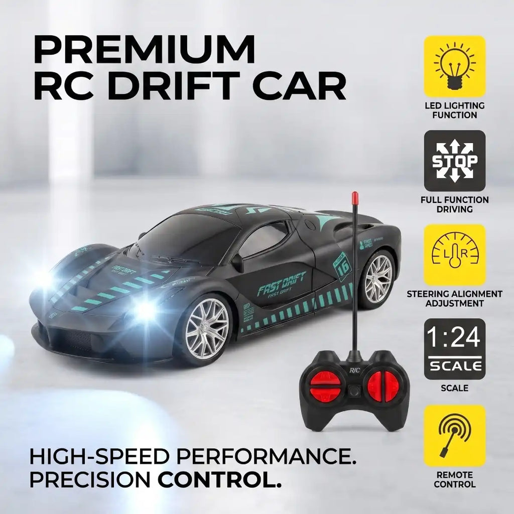 Black 1:24 scale remote control drift car with a matching remote control, featuring graphic teal accents and bright LED headlights, shown with feature icons on a light gray background.