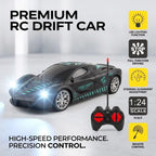 Black 1:24 scale remote control drift car with a matching remote control, featuring graphic teal accents and bright LED headlights, shown with feature icons on a light gray background.
