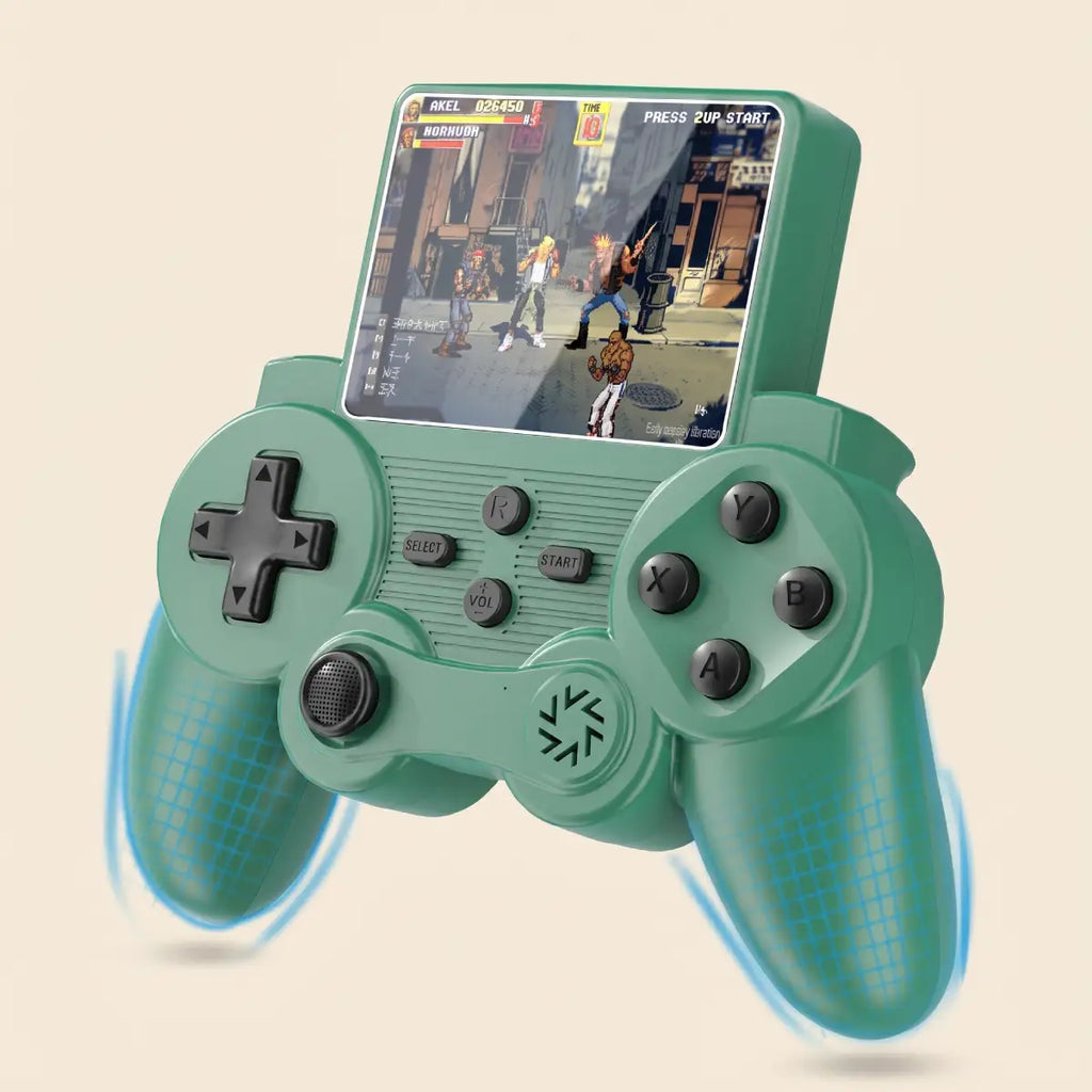 A mint green handheld game controller with a built-in screen displaying a video game, set against a light beige background with subtle blue motion effects near the grips.