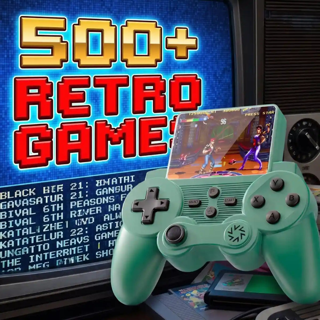 A mint green retro-style game controller in the foreground with a small screen showing a video game, set in front of a glowing monitor displaying large text that reads '500+ RETRO GAME'.