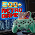 A mint green retro-style game controller in the foreground with a small screen showing a video game, set in front of a glowing monitor displaying large text that reads '500+ RETRO GAME'.
