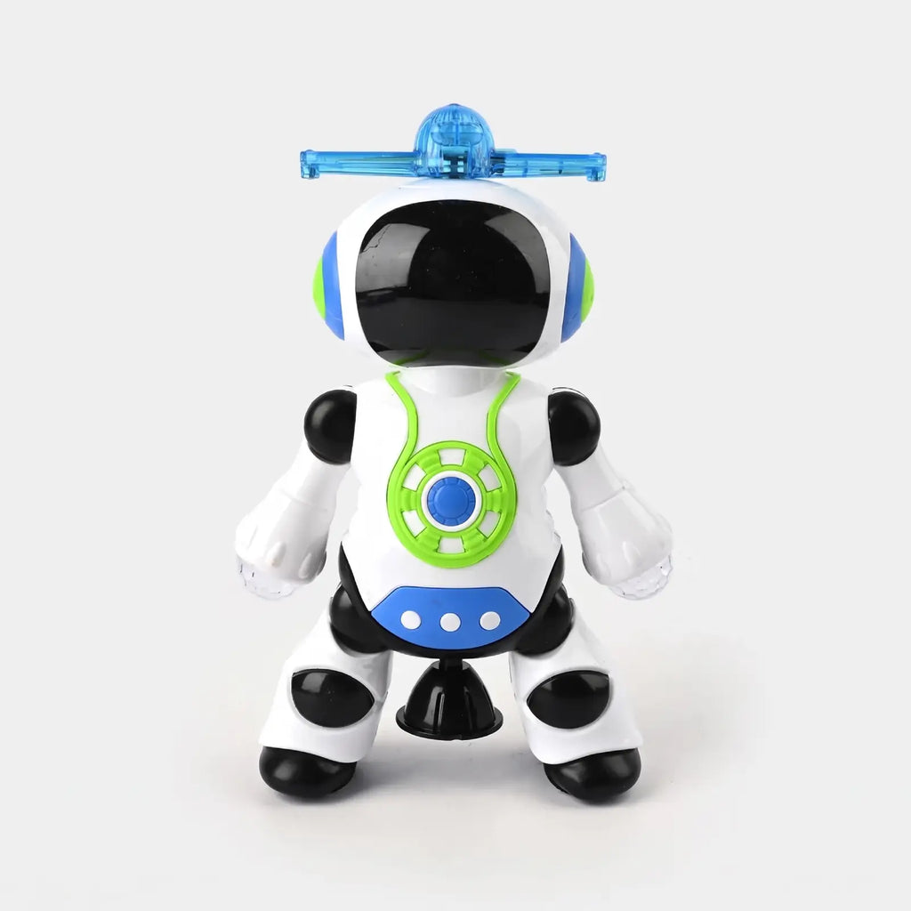 A white plastic toy robot with black joints and accents, a blue helicopter propeller on its head, and a green circular control panel on its chest, set against a plain light gray background.