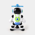A white plastic toy robot with black joints and accents, a blue helicopter propeller on its head, and a green circular control panel on its chest, set against a plain light gray background.