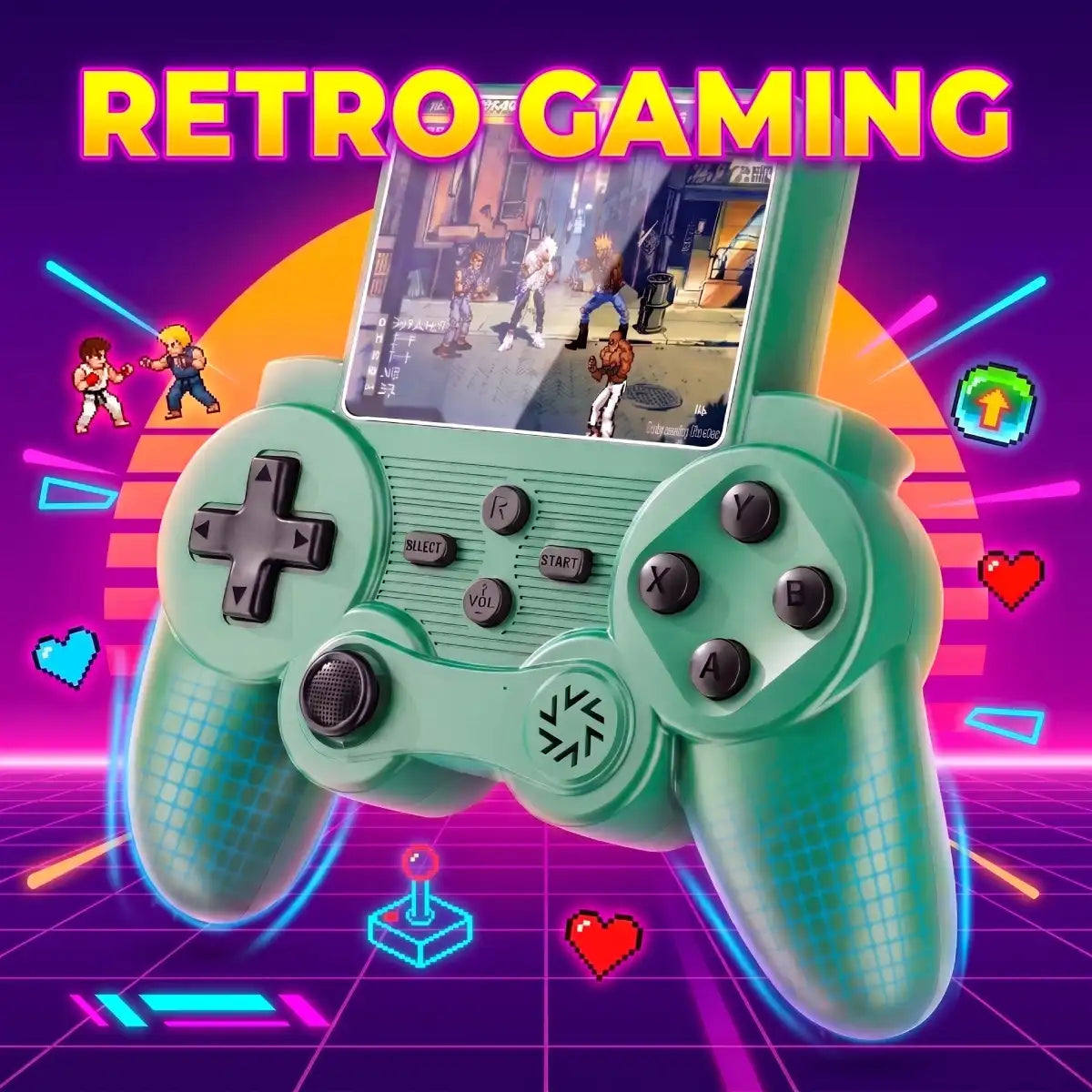 A mint green retro-style game controller with a screen built into the top, shown against a neon purple and orange retro gaming background with the words 'RETRO GAMING' in large yellow letters.
